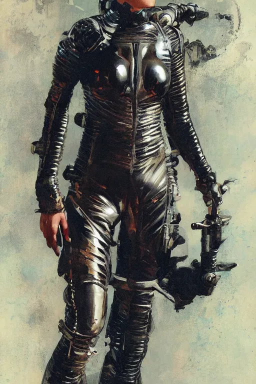 Image similar to pulp scifi fantasy illustration full body portrait of elegant woman wearing leather and metal spacesuit, by norman rockwell, jack kirby, bergey, craig mullins, ruan jia, jeremy mann, tom lovell, 5 0 s, astounding stories, fantasy