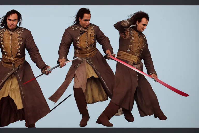 Image similar to frank dillane swordfighting with adrian paul, highly detailed, trending on artstation