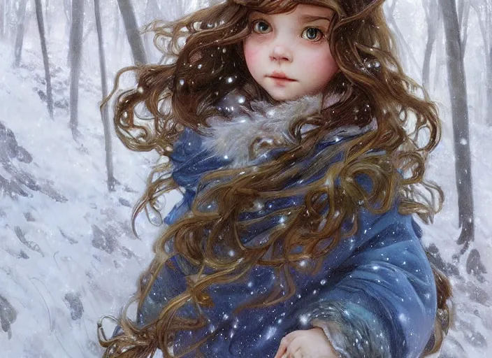 Image similar to A cute little girl with shoulder length curly brown hair and blue eyes and a hair expression. She is standing in a snowy forest trying to catch snowflakes. beautiful fantasy art by By Artgerm and Greg Rutkowski and Alphonse Mucha, trending on artstation.