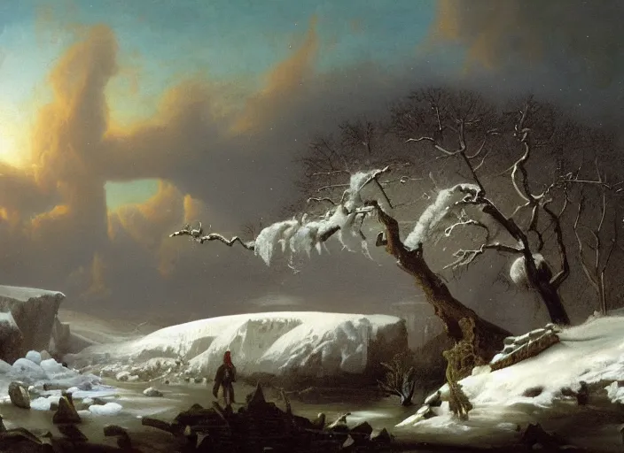 Image similar to earth after the cretaceous – paleogene extinction event, a harsh winter cools down the earth, blizzards envelop the lands, in the style of hudson river school of art, oil on canvas