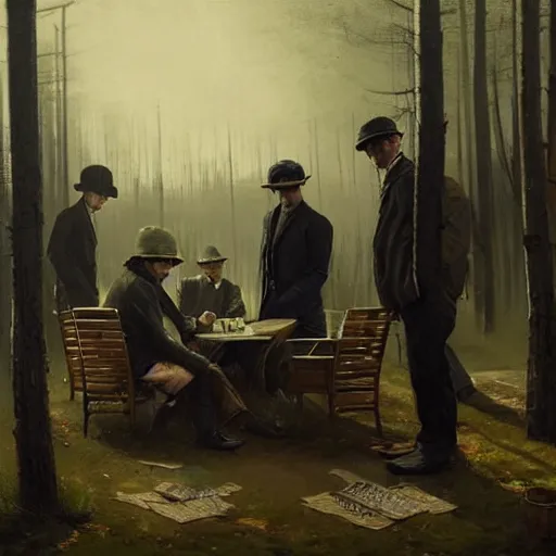 Prompt: Peaky Blinders gang, criminals, playing poker outside a small shack in the woods, evening, oil painting by Greg Rutkowski