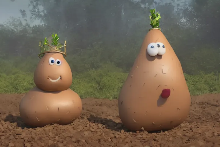 Image similar to the potato king which is a potato appears before the large crowd of his subjects in all his glory wearing his crown, concept art, blender, glossy googly eyes, realistic dirt, realistic potatoes.