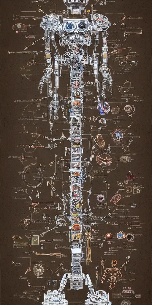 Image similar to anatomy of the terminator, robot, cyborg, t100, diagrams, mystical, intricate ornamental tower floral flourishes, technology meets fantasy, map, infographic, concept art, art station, style of wes anderson