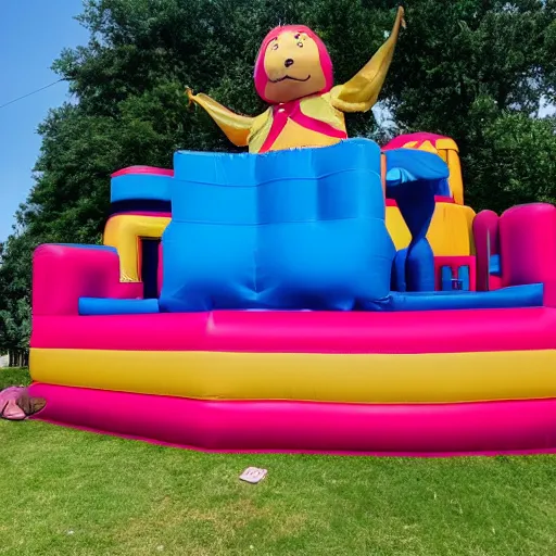 Image similar to photo of a 1 2 foot high big foot on a jumping castle with scared children