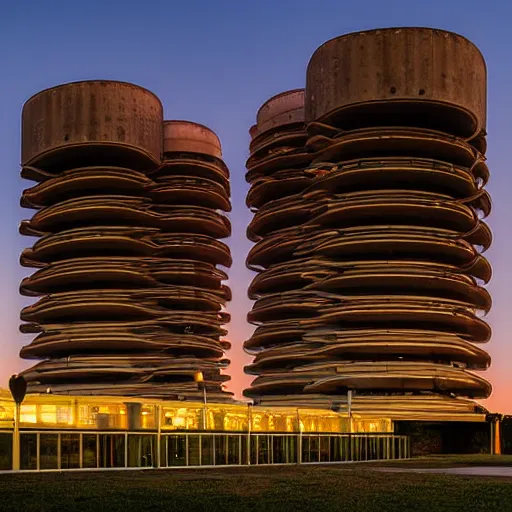 Prompt: a wide shot of a sci - fi beautiful neo - brutalist monumental multi - building structure, tall brutalist facilities with spaceship parking lots on top, with many rounded elements sprouting from the base tower creating a feel of an organic structure, photography shot at blue hour