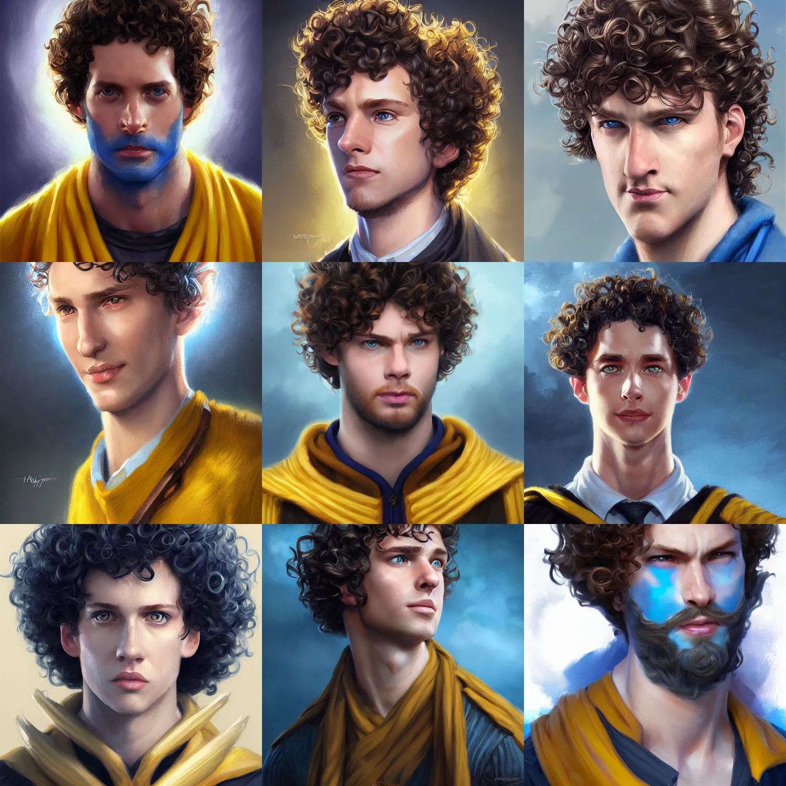 Prompt: a curly straw colured hair hufflepuff boy with blue eyes, happy, fantasy, portrait, highly detailed, digital painting, artstation, concept art, sharp focus, illustration, art by artgerm and greg rutkowski and magali villeneuve