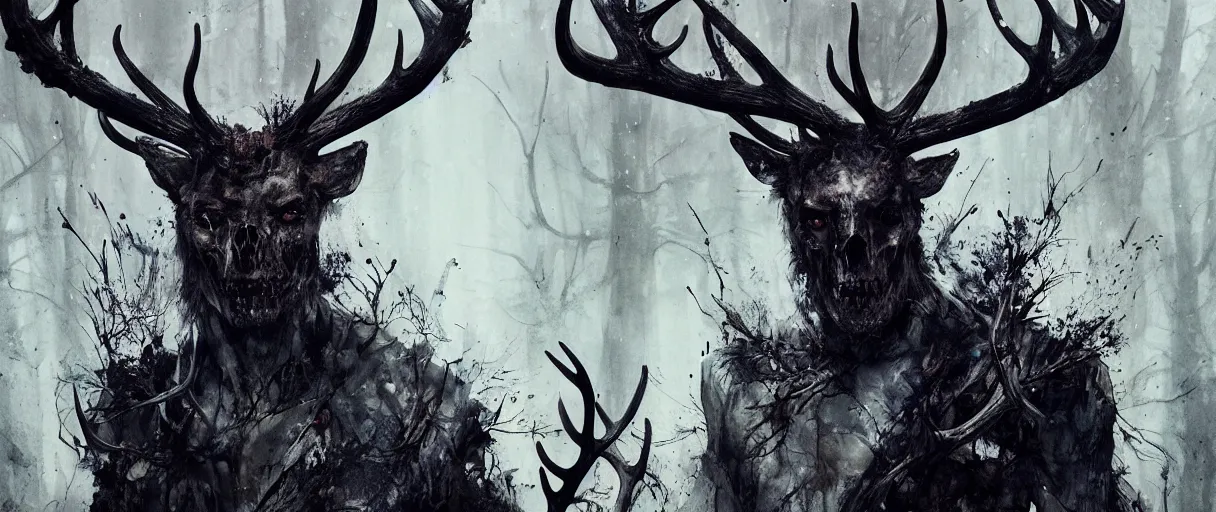 Image similar to portrait of leshen with deer skull and antlers from witcher 3 by emil melmoth zdzislaw beksinki craig mullins yoji shinkawa realistic render ominous detailed photo atmospheric by jeremy mann francis bacon and agnes cecile ink drips paint smears digital glitches glitchart