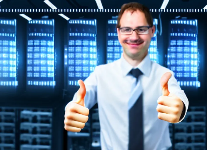 Image similar to A photo of a system administrator doing a thumb up to the camera in front on burning servers, servers in flames in the background, happy system administrator doing a thumb up, uncropped, full body