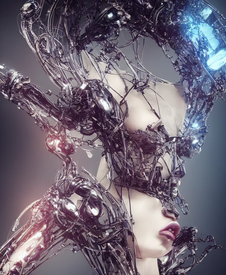 Prompt: a beautiful photoshoot of butterfly part, with epic bionic cyborg implants, wires, tubes, biomechanical details, liquid, prismatic highlights, depth of field, cinematic, macro, concept art, 5 0 mm, artstation, digital painting, elegant, focus, octane render, ray tracing, by h. r. giger