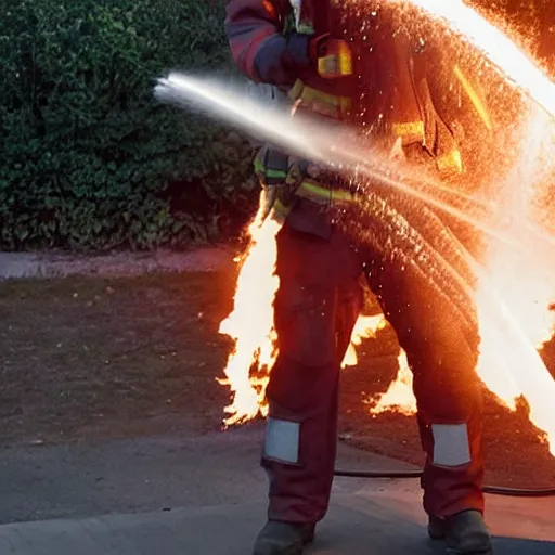 Image similar to photo of a firefighter using a flamethrower projecting a long flame. highly-detailed