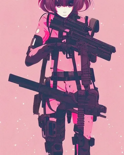 Image similar to girl with tactical gear, very anime!!! anime!! intricate details, aesthetically pleasing pastel colors, poster background, aesthetic details, art by conrad roset and ilya kuvshinov