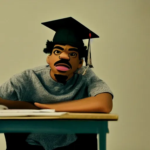 Image similar to a cinematic film still of a claymation stop motion film starring chance the rapper as a college student, shallow depth of field, 8 0 mm, f 1. 8