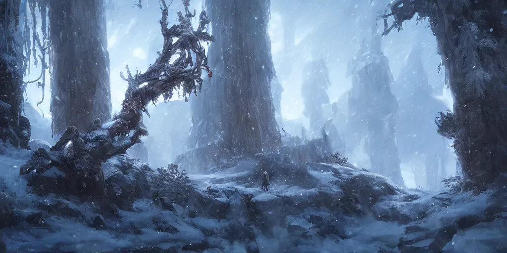 Prompt: an environmental concept art of god of war, a giant cyclops wields a tree, winter, highly detailed, environmental light, cinematic by francis tneh