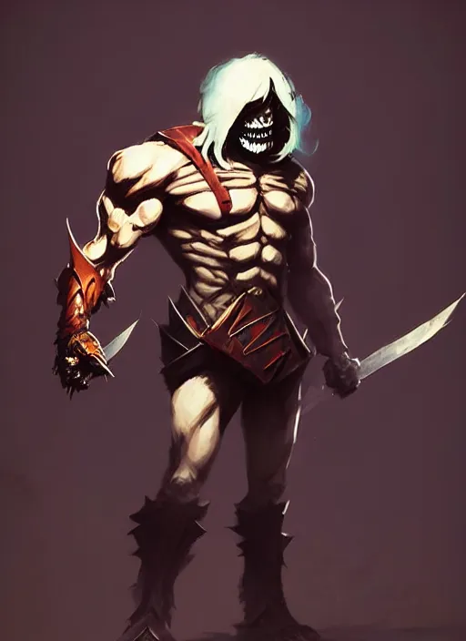 Image similar to male cosplayer wearing costume that is a mix of skelletor and he man. art by greg rutkowski, art by pascal blanche. crisp quality. digital photography. trending in deviantart.