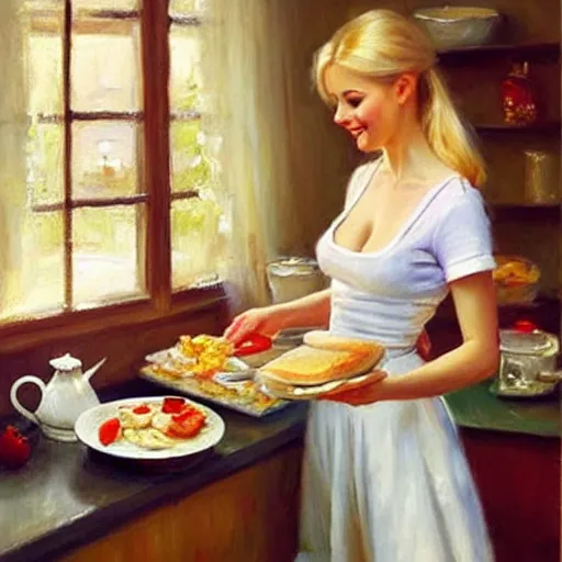 Image similar to young blonde wife making breakfast for her husband, painting by Vladimir Volegov,