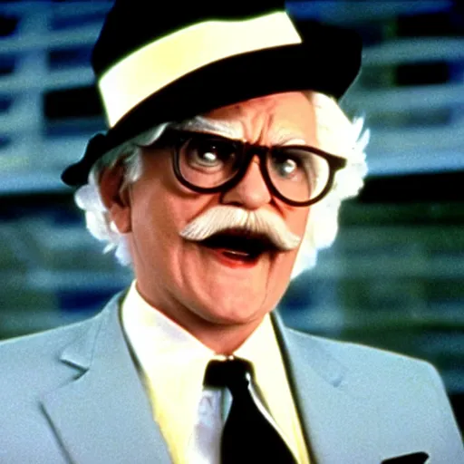 Prompt: A still of Colonel Sanders as an evil supervillain in a 1980s movie