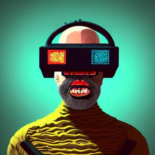 Image similar to Colour Photography of 1000 years old man with highly detailed 1000 years old face wearing higly detailed cyberpunk VR Headset designed by Josan Gonzalez. Man eating higly detailed hot-dog. In style of Josan Gonzalez and Johannes Vermeer and Mike Winkelmann and Caspar David Friedrich. Rendered in Blender