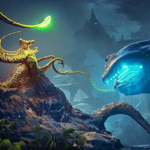 Image similar to realistic bioluminescent toothless on a steampunk biome, sparkles, magical, elves, fantasy, hyper realism, intricate, digital art, detailed, studio shot, unreal engine 5, octane, high definition, smooth, artstation, behance