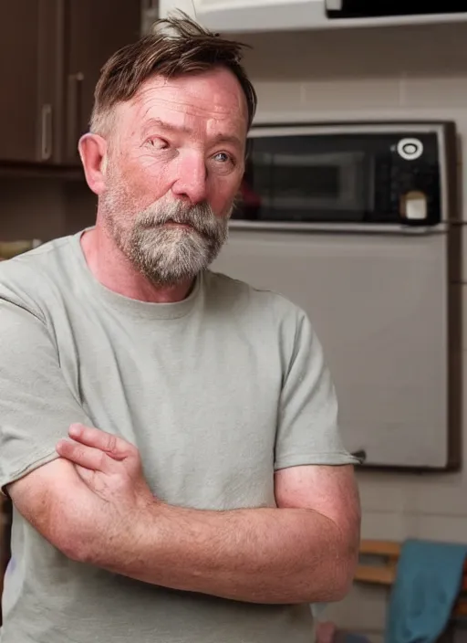 Prompt: an english irish middle aged gentleman with brown moptop hair and red cheeks is in his kitchen. he is clean shaven. he is wearing a dark blue tshirt and shorts. he holds his arms out like chicken wings and dances