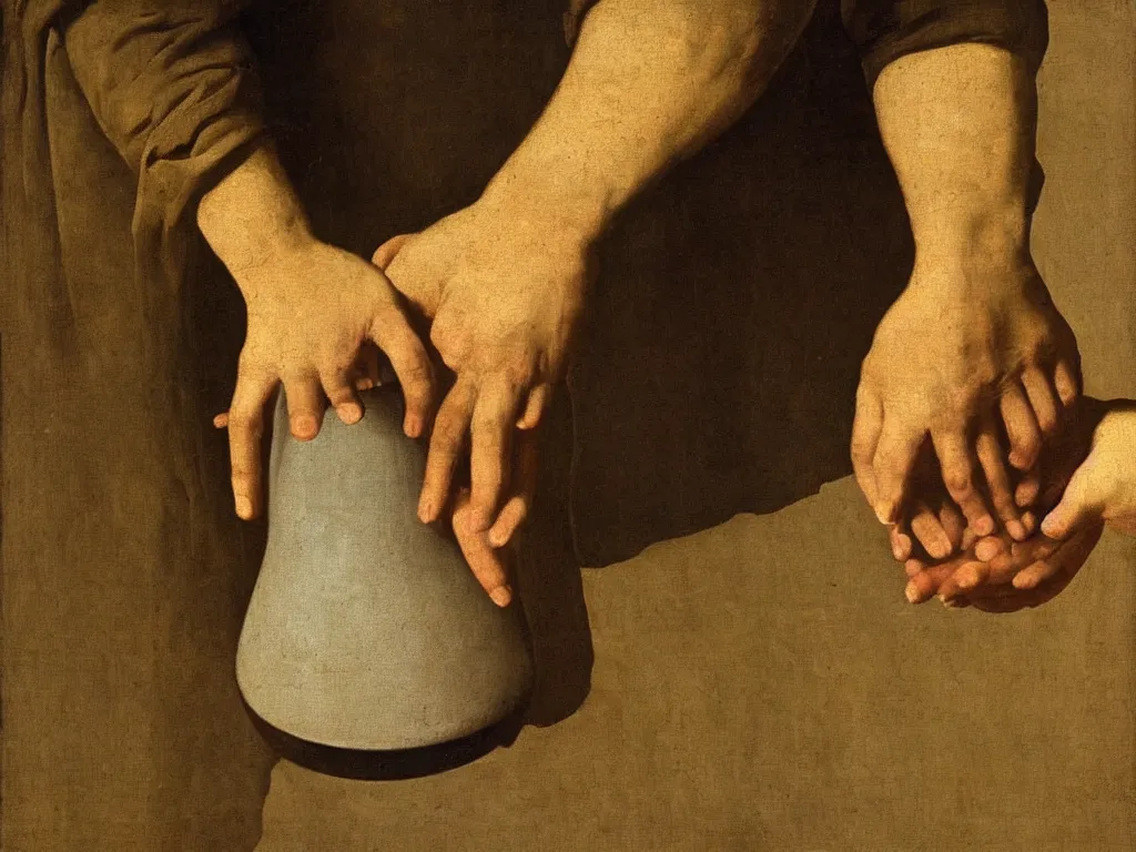 Prompt: Close up of hands holding a water jug. Painting by Zurbaran.