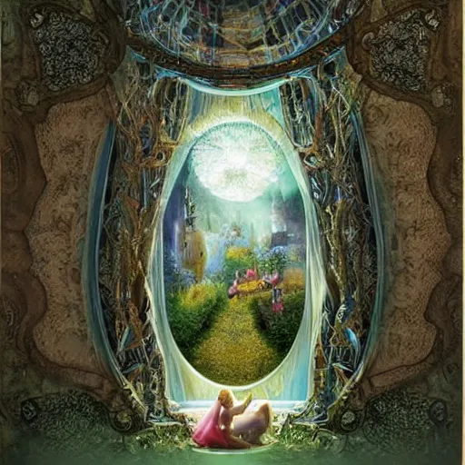 Prompt: alice looking through glass, fairy tale, caustics