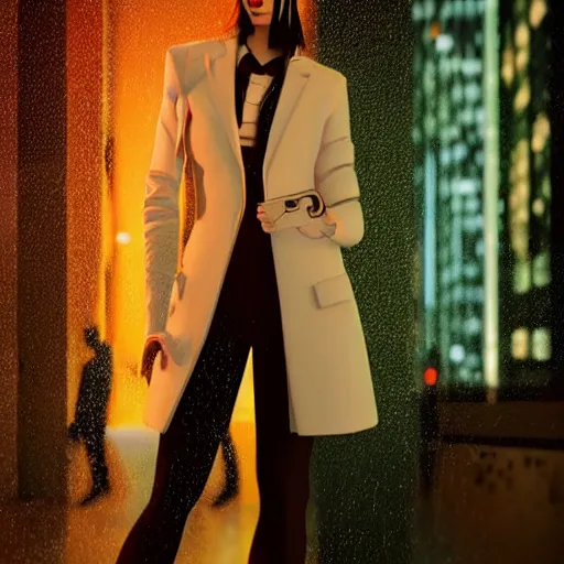 Prompt: cinematic, cartoon women portrait made out of rain, pinstripe suit, short hair, cyberpunk background, rendered in octane, unreal engine, highly detailed, trending on artstation, realistic, neon, beautiful