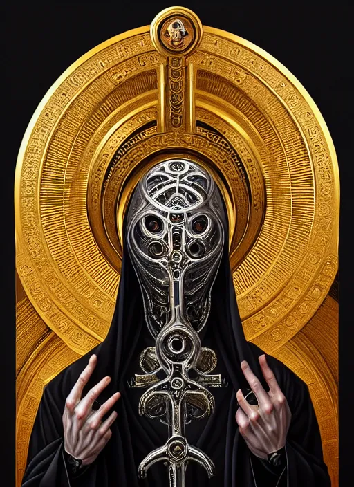 Image similar to hyper detailed ultra sharp orthodox saint icon, biomechanical halo, unholy man, trending on artstation, byzantine aesthetic, elden ring, religious, decadent, ornate, intricate, digital painting, concept art, smooth, sharp focus, illustration, art by artgerm and greg rutkowski and h. r. giger, 8 k