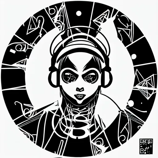 Image similar to svg vector sticker of absolutely divine-deity-angel-robotic-android-hybrid, rocking out, wearing headphones, huge speakers, dancing, rave, DJ, spinning records, digital art, amazing composition, rule-of-thirds, award-winning, trending on artstation, featured on deviantart