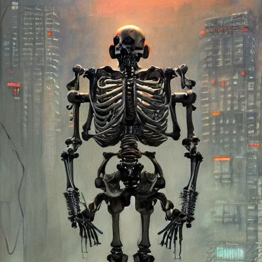 Image similar to cyborg skeleton robot, sharp boney angles, wires and lights exposed, skeleton has guns for hands, detailed cyberpunk city in background, beksinski style oil pairing on canvas, highly detailed