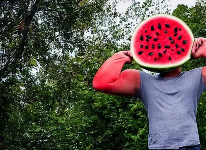 Image similar to film still of a man with a watermelon on his a head in the new horror movie, 4 k