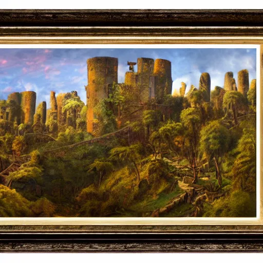 Image similar to art in the style of James Christensen, a panorama of a ruined fortress built with trees, inhabited by elves and faeries, with the lighting reflecting the sunset , intricately detailed