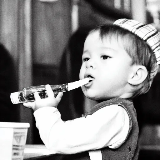 Prompt: an award winning photograph of a toddler downing a beer at the pub, holding a cigarette