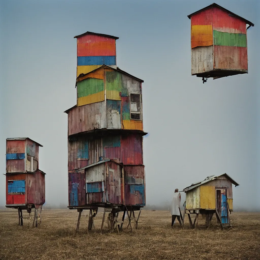 Prompt: two towers, made up of colourful stacked makeshift squatter shacks, bleached colours, plain uniform sky at the back, misty, mamiya, f 1. 8, ultra sharp, very detailed, photographed by julie blackmon