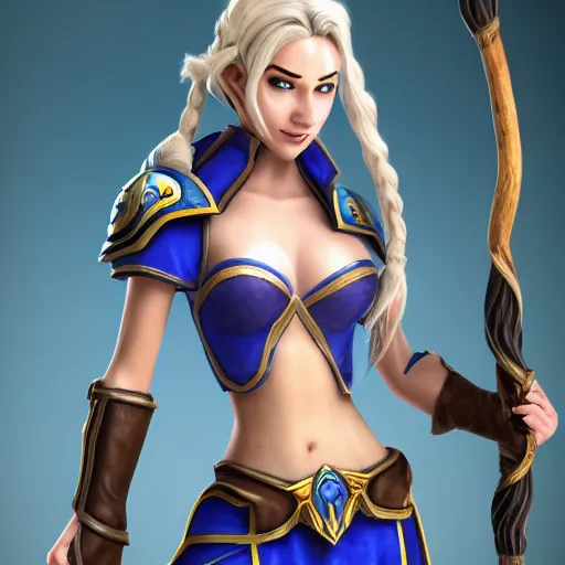 Prompt: A full body portrait of Jaina Proudmore (World of Warcraft) holding an arcane staff. 3d render, octane render, game art, realistic, highly detailed, trending on artstation, 4k, trending on artstation, pixar, cgsociety, unreal engine 5, redshift render, trending on artstation, blender, behance, cg