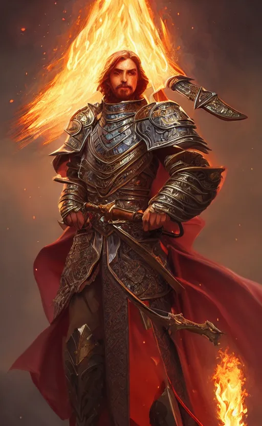 Prompt: male paladin of glory holding flaming sword, d & d, fantasy, intricate and very beautiful and highly detailed, elegant, digital painting, artstation, concept art, matte, smooth and sharp focus, illustration, art by tian zi and wlop and alsphonse mucha and artgerm and greg rutkowski