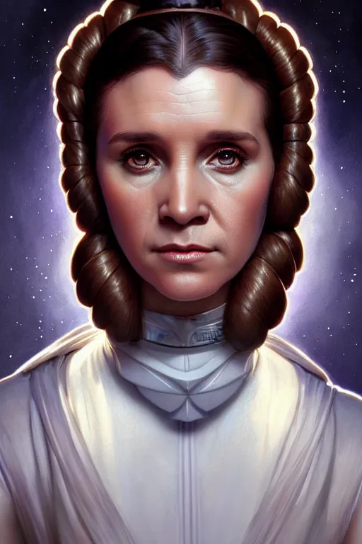 Image similar to portrait of princess leia, star wars, upper body, fantasy, intricate, elegant, highly detailed, digital painting, artstation, concept art, smooth, sharp focus, key light, illustration, art by artgerm and greg rutkowski and alphonse mucha