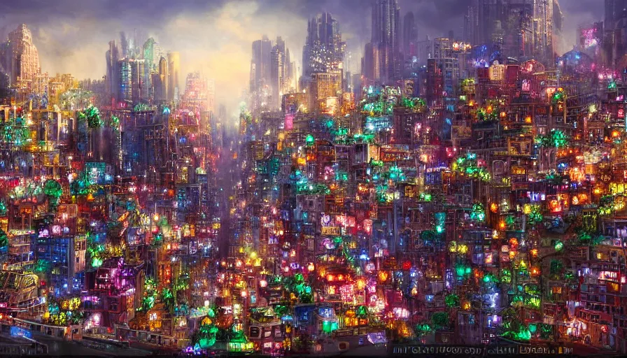 Image similar to a gritty cityscape made of sapphires, emeralds, and rubies, matte art, 4k