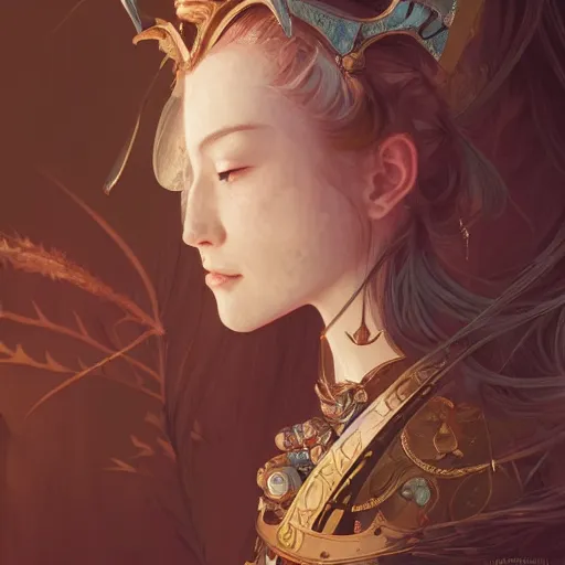 Image similar to Portrait of a female knight, japanese face features, dark fantasy, intricate, elegant, highly detailed, digital painting, artstation, concept art, smooth, sharp focus, illustration, art by Sam Youn and Fernanda Suarez and Artem Demura and alphonse mucha