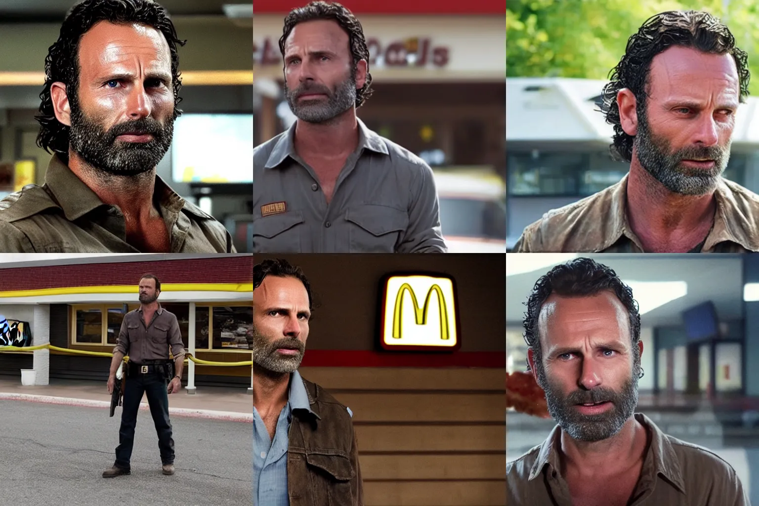 Prompt: still of rick grimes working at mcdonalds, 4 k, ultra realistic