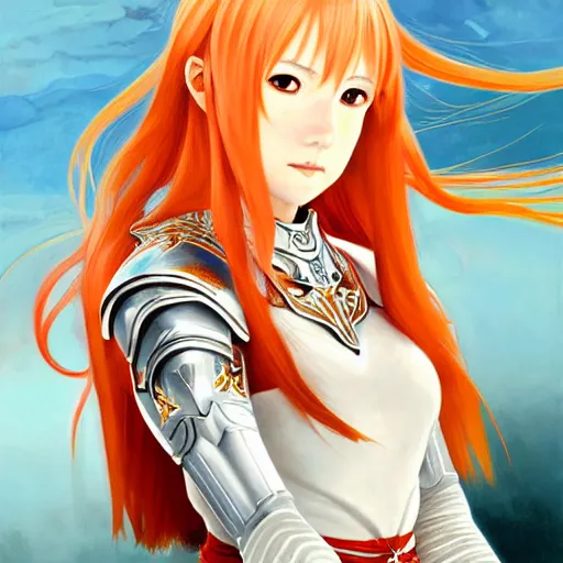 Image similar to Asuna Yuuki, Portrait of a young woman with blonde orange hair wearing a partial paladin armor with a red skirt and white top, face, fantasy, intricate, elegant, highly detailed, digital painting, artstation, concept art, smooth, sharp focus, illustration, art by Fernanda Suarez and Artem Demura and alphonse mucha