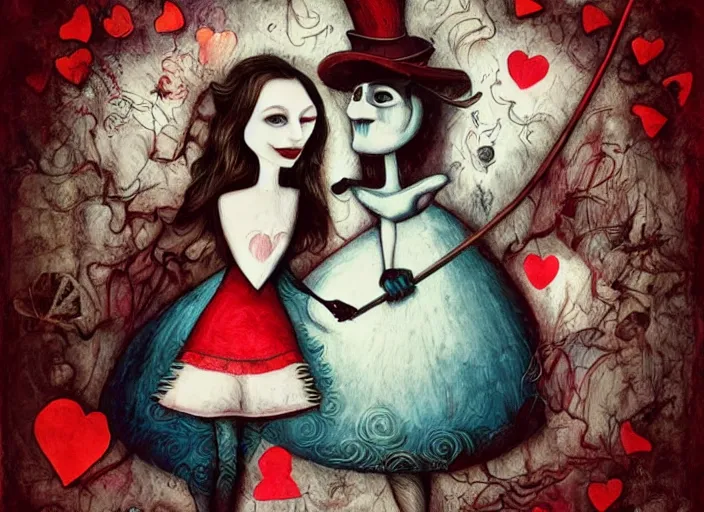 Prompt: alice joins a game of croquet with the queen of hearts, dramatic, art style megan duncanson and benjamin lacombe, super details, dark dull colors, ornate background, mysterious, eerie, sinister