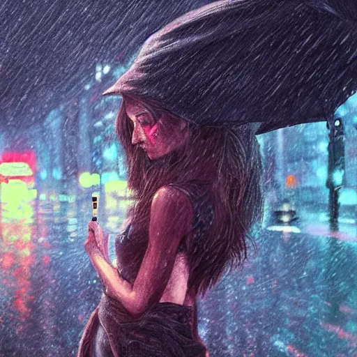 Prompt: beautiful portrait of a female anthro fox, smoking a cigarette in the rain, in crowded and wet street of a city, melancholic, cyberpunk, harsh neon lights, highly detailed, deep shadows, digital painting, shallow depth of field, illustration, art by sakimichan and greg rutkowski