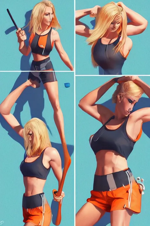 Image similar to a beautiful, very fit woman with long blonde hair wearing a short white crop top and short orange athletic shorts stands by a swimming pool, flexing with a baseball bat, face forward, in the style of artgerm, trending on artstation