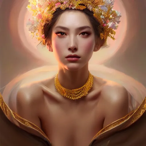 Prompt: expressive oil painting, of alluring european princess, seductive look, smooth glowing skin, glistening body, love, adoration, ornate headpiece made from flowers, glamour shot, by yoshitaka amano, by greg rutkowski, by jeremyg lipkinng, by artgerm, digital art, octane render, white robe