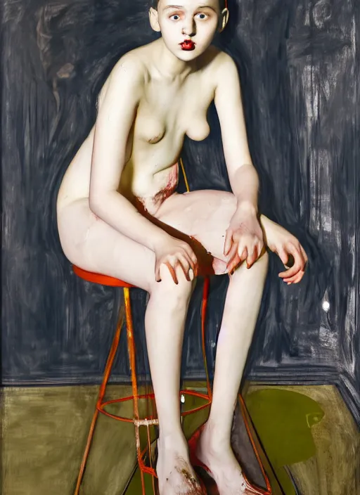 Image similar to portrait of a 1 5 year old girl cabaret actress sitting on a stool, by vincent lefevre and hernan bas and pat steir and hilma af klint, psychological, photorealistic, symmetrical face, dripping paint, washy brush, threads, rendered in octane, altermodern, masterpiece