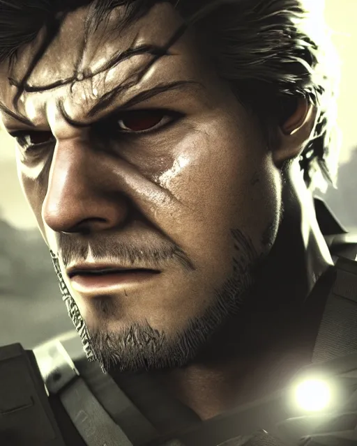 Image similar to solid snake portrait, cinematic lighting, anguished crying screaming black atmospheric background, 4 k photography hdr