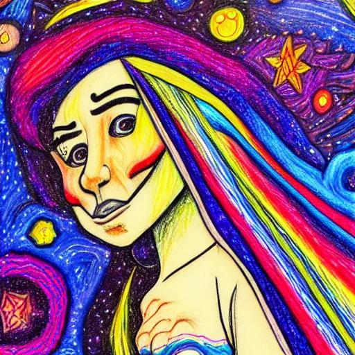 Image similar to school photo of a la llorona, psychedelic color pencil galactic drawing background