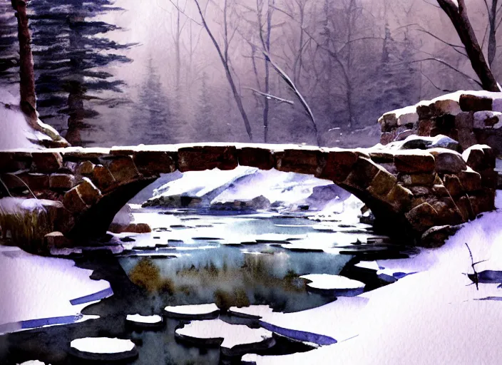 Image similar to watercolor of rustic stone bridge winter landscape, glistering, high detailed art by dennis miller bunker, work by anders zorn, wonderful masterpiece by greg rutkowski, beautiful cinematic light, american romanticism by greg manchess, creation by tyler edlin