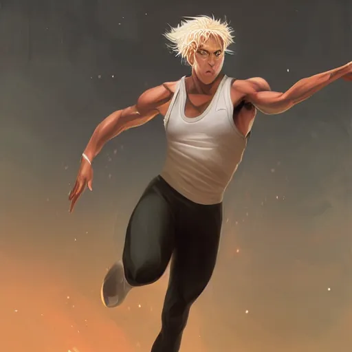 Prompt: beautiful aesthetic portrait commission of an albino male furry anthro sprinter athlete running 100m on athletic track , hyperdetailed, dark atmosphere. Character design by charlie bowater, ross tran, artgerm, and makoto shinkai, detailed, inked, western comic book art, 2022 award winning painting