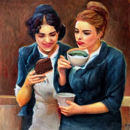 Prompt: portrait of two young women sharing cup of chocolate ice cream together, illustration, socialist realism